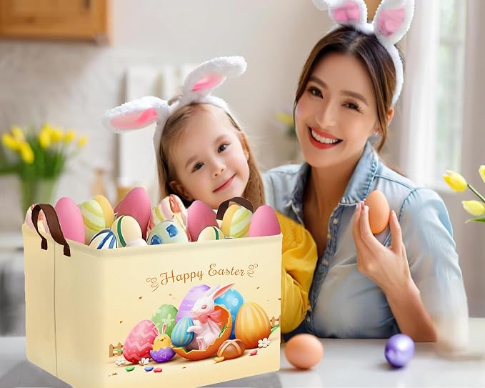Large Rectangular Easter Baskets Empty Waterproof Boy Toy Box Foldable Kid's Gifts Storage Bin Spring Room Decor(Shell Breaking Rabbit Chicken)