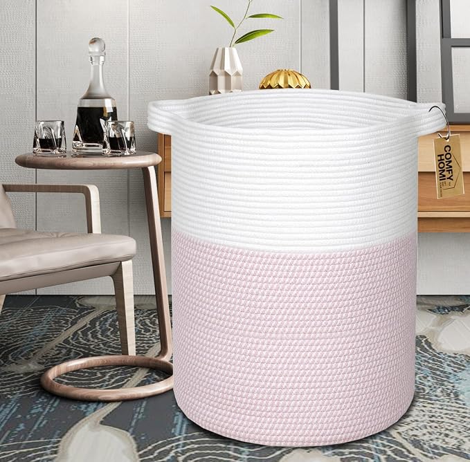 COMFY-HOMI XXL Large Laundry Basket with Handles Blanket Baskets Living Room|Woven Cotton Rope Decorative Basket Laundry Hamper Baby Basket Nursery Dog Toy Storage Organizer Bin-16”x18”-White/Pink