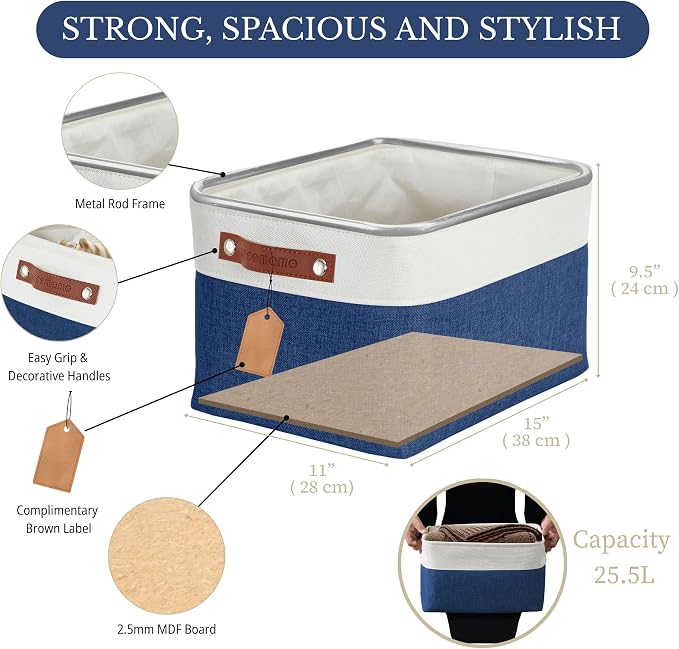 DECOMOMO Storage Bins, Large Fabric Storage Baskets for Shelves 4 Pack | 15 x 11 x 9.5 inches Decorative Linen Closet Organizers (Navy Blue & White)