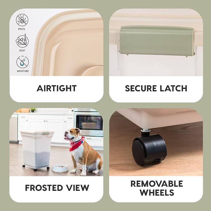 IRIS USA Dog Food Storage Container, Up to 58lbs, Almond/Pearl, Made in USA | Wheels for Mobility, Airtight Seal, BPA-Free, Best for Bird Seed, Cat food, Cat Litter, Chicken Feed, Pellets
