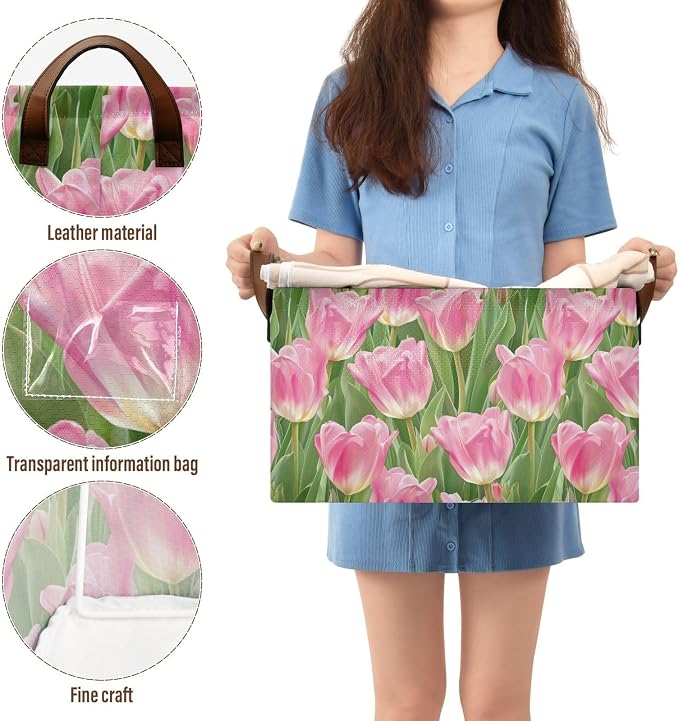Pink Tulip Flower with Green Leaves Storage Bins for Shelves with Labels&Handles Fabric Organizer Bin Foldable Rectangle Storage Basket Boxes for Closet, Bathroom, Home, Living Room