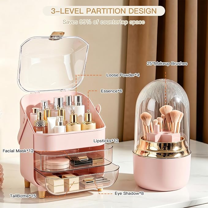 Large Pink Makeup Organizer Set with Clear Dome Cover and Brush Holder, 2-Tier Skincare Storage Case with 3 Pull-Out Drawers for Cosmetics, Lipsticks, Jewelry, and Beauty Tools（Pink）