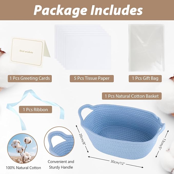 woric Small Baby Boy Gift Basket Woven Rope Basket for Baby Shower Storage | Light Blue Basket for Organizer Shelves Gifts Empty (12"X 8" X 5" with Gift Bag Card Ribbon Tissue Paper)
