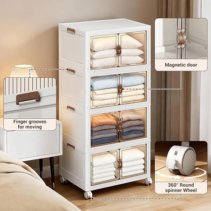 White 320 QT Large Stackable Storage Cabinet, 4-Tier Collapsible Storage Bins with Magnetic Doors & Wheels, XX-Large Plastic Organizer for Closet, Bedroom, Kitchen & Office, Total 80 QT per Tier