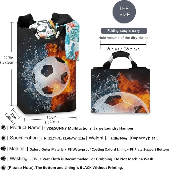 visesunny Large Capacity Laundry Hamper Basket Soccer Ball In Fire And Water Oxford Cloth Storage Baskets for Bedroom, Bathroom, Dorm, Kids Room