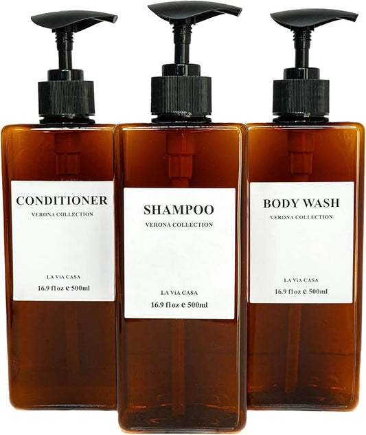 La Via Casa Shampoo and Conditioner Dispenser | 3 Plastic Amber | Shampoo Dispenser with Waterproof Labels | Shower Bottles Refillable with Pump (Without Wall Mount)