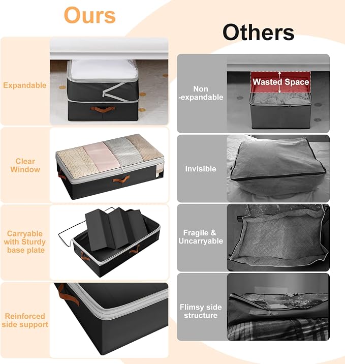 Under Bed Storage Bins - 98L Height-adjustable Under Bed Storage Containers, Compression Blanket Storage Comforter Storage Sweater Storage, Clothes Storage Bins With Clear Window, 2 Pack Black