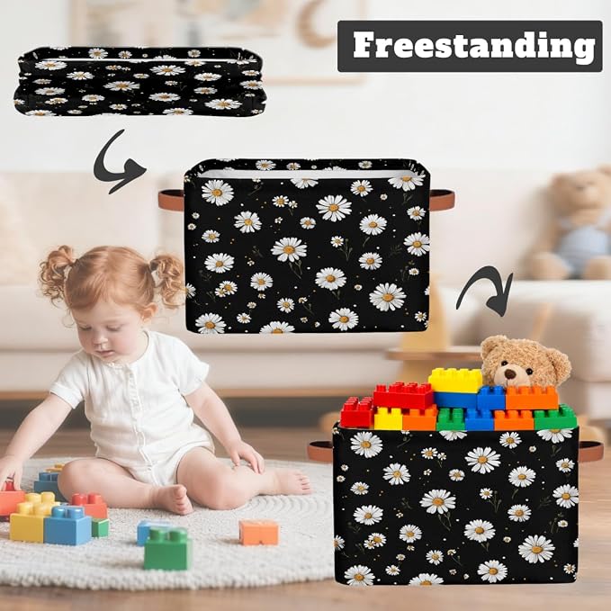 Pardick Storage Baskets Bin, Daisy Flower Black Collapsible Canvas Fabric Storage Bin Decorative Baskets Toy Organizer Rectangle Storage Boxes with handles for Home Shelves Nursery,Q-11