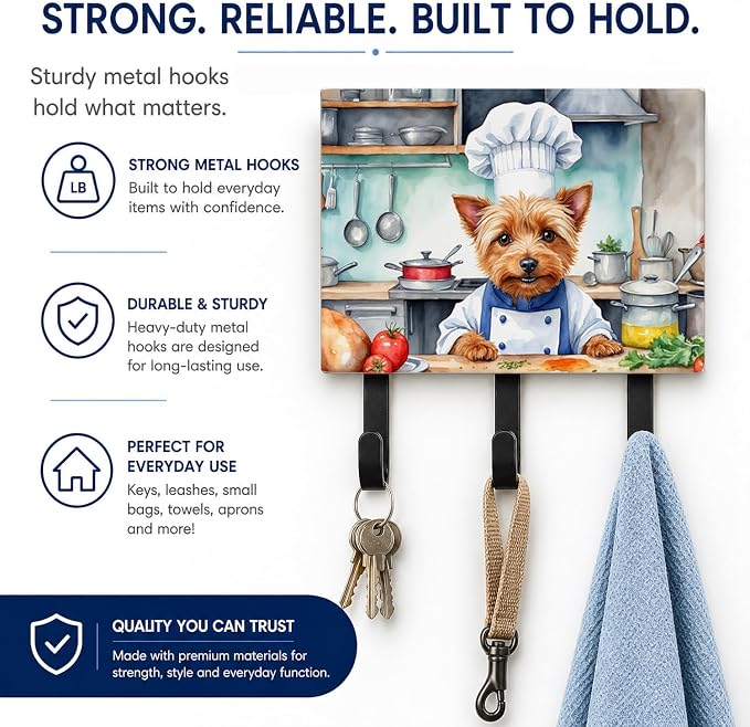 Caroline's Treasures Australian Terrier The Chef Leash or Key Holder Wall Hooks, Key Hooks Holder, Coat Rack Wall Mount, Coat Hooks, Hooks for Hanging Keys, Towels, Aprons, Leashes | Australian Terrier The Chef artwork on ceramic tile with three steel ...