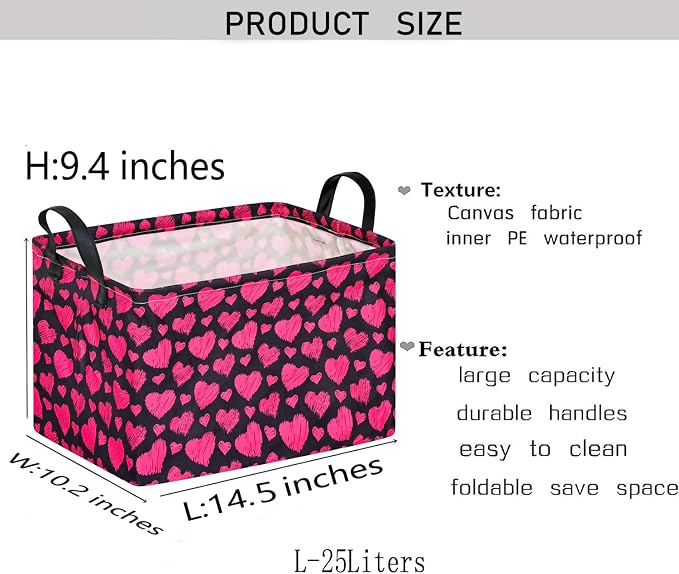 Kid Storage Basket Gift Shelf Basket Toy Storage Bin, Nursery Basket Organizer Box for With Handles for Room Deco Heart Pattern Valentine's Storage Basket