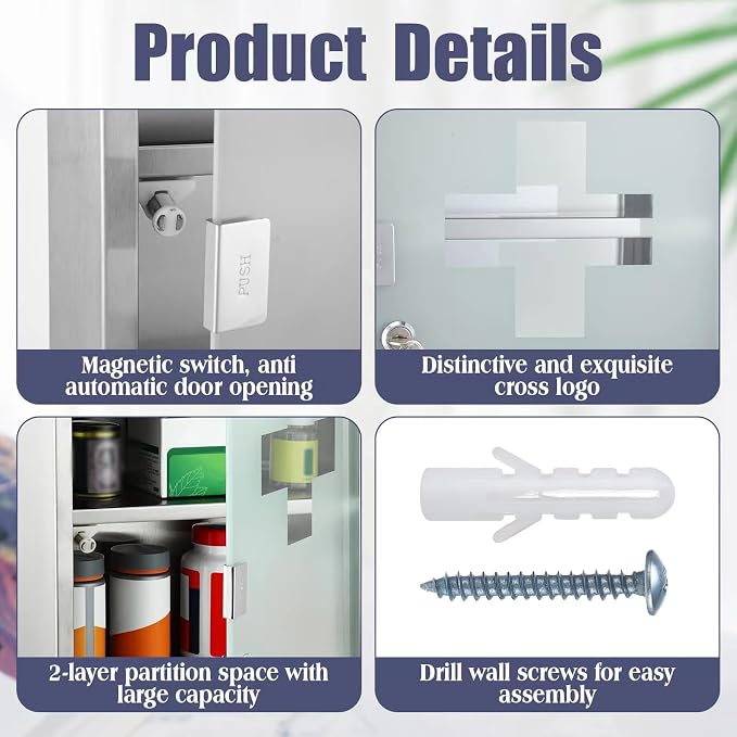 Timgle First Aid Wall Cabinet with Lock Medicine Wall Mounted Bathroom Storage Hanging Medical Cabinet with Safety Glass Door for Bathroom(4 Shelves,Silver)