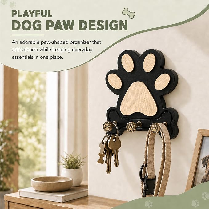 1 Pack Dog Leash Holder for Wall, Wooden Key Holder Wall Mount with 3 Metal Hooks, Dog Paw Organizer for Dog Owners and Pet Lovers (Black) (2)