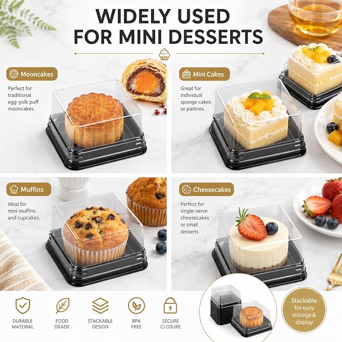 DOITOOL 100 Pcs 3 Inch Mini Cake Containers Plastic Square | Individual cupcake containers with lids, mini cake boxes for muffin mooncake, macarons, dessert, wedding birthday supplies