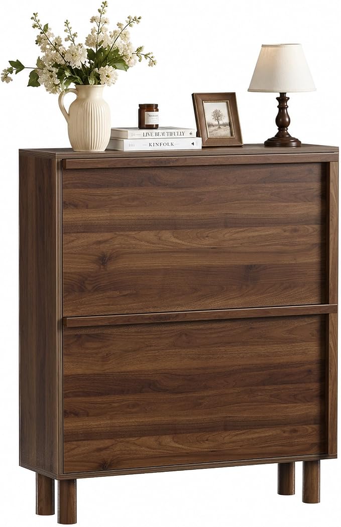 Shoe Storage Cabinet with 2 Flip Drawers, Slim Shoe Rack Cabinet with Integrated slant-grip handle, Narrow Shoe Cabinet Storage for Entryway Entrance, Freestanding Shoe Organizer Cabinet (Walnut)