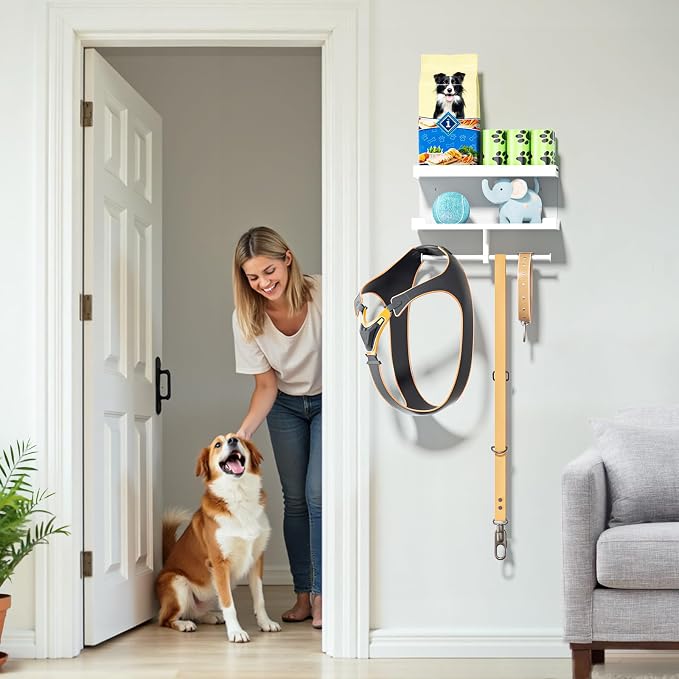 Dog Leash Holder for Wall, Leashes Hanger, Wall Mounted Dog Stuff Storage and Organizer, Metal Key Holder Pet Leash Hooks for Leashes, Training Treats, Chew Toys, Keys, Large (White)