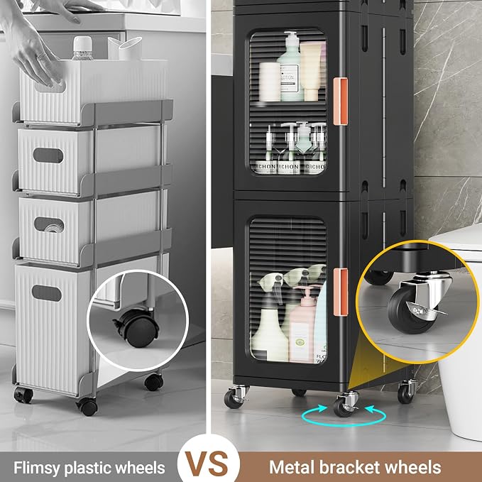 BROVIEW 4-Tier Tall Narrow Storage Cabinet Organizer, Slim Bathroom Cabinets with Adjustable Shelves and Doors, Plastic Kitchen Pantry Organizers and Storages for Small Space, Laundry, Black