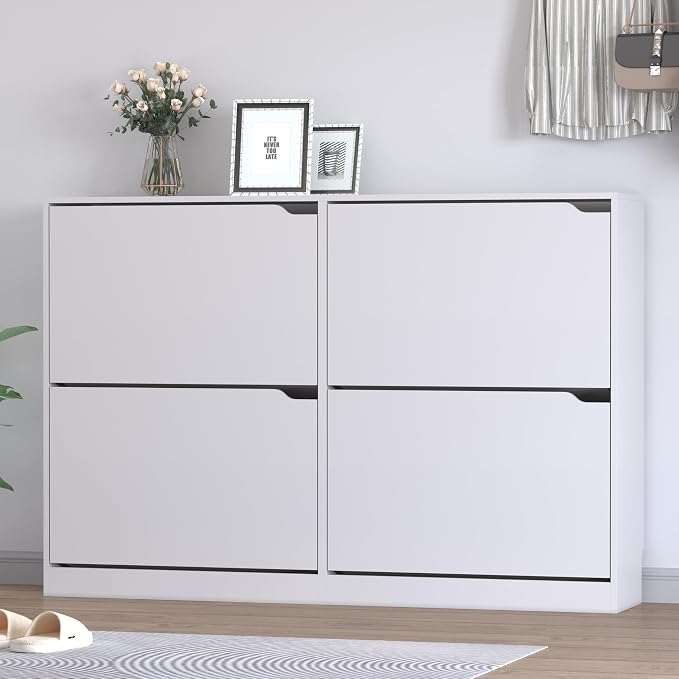 BORNOON Shoe Cabinet with 4 Flip Drawers, Narrow Hidden Shoe Storage Cabinet, Slim Freestanding Shoe Rack Organizer for Entryway, Hallway, Bedroom, Living Room