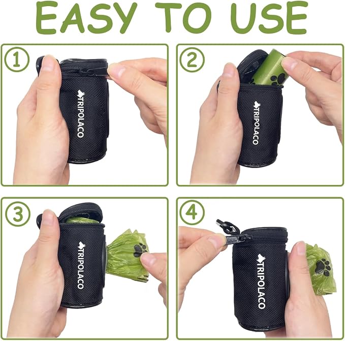 Dog Poop Bag Holder for Leash, Easy Release Doggie Poop Bag Dispenser, Fits Most Standard Poo Bags, Soft Fabric Dog Waste Bag Holder with Carabiner Clip, Compatible with All Leashes, Black