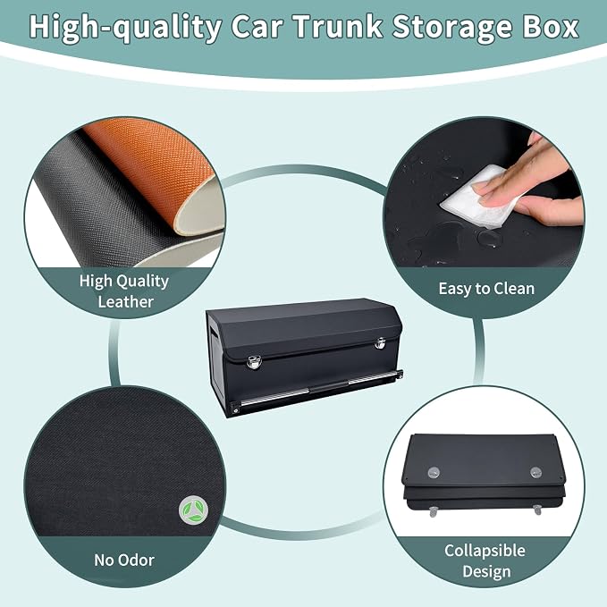 Car Trunk Organizer Leather Car Storage Organizer with Lid Car Organizer | Suv Trunk Organizer with Sturdy Handle Car Cargo Storage Box for Minivan, Sedan, Jeep (Black, 27 x 11.4 x 12.2in)