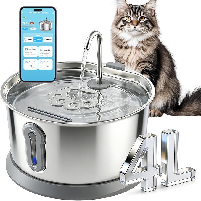 Stainless Steel Cat Water Fountain, 135oz/4L Pet Water Dispenser with App Monitoring, 4000mAh Water Dispenser for Cats, Ultra Quiet, LED Water Level Window Automatic Cat Fountain, (2 Filter&3 Sponge)