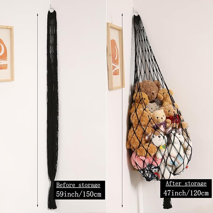 Amdermi Stuffed Animal Hammock Corner Hanging Net for Stuffy Animal Storage Macrame Toy Display Plushie Toy Holder-Perfect for The Tiny Space Walls, Kid Bedroom Decor Playroom Organizer (Black)