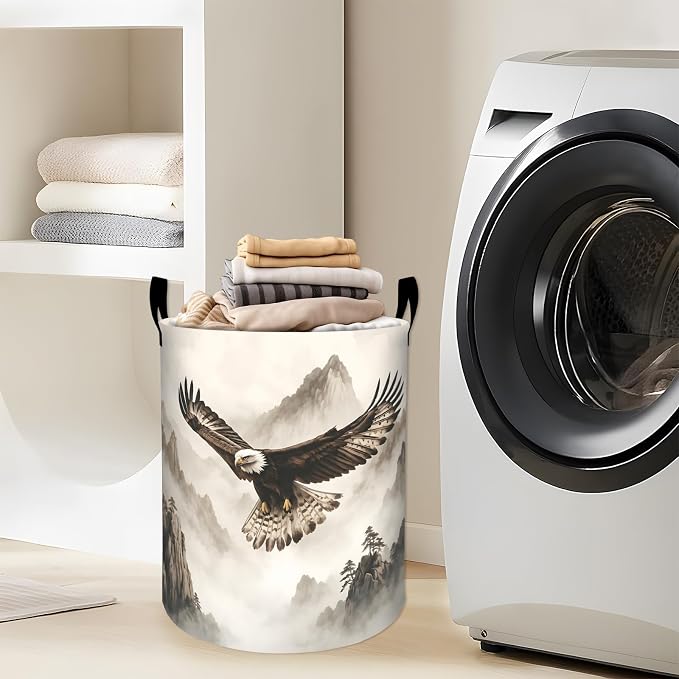 Flying Eagle Laundry Basket, Wildlife Bird Black White Mountain Storage Hamper, Round Collapsible Waterproof Cloth Bin, 19.7x15.7 Inch Rustic Clothes Organizer Gifts for Bathroom Decor