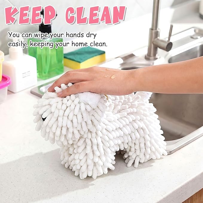 Tegeme 1 Pcs Chenille Dog Hand Towel Fuzzy Dog Towel Absorbent Microfiber Soft for Bathroom Kitchen Washstand (White)
