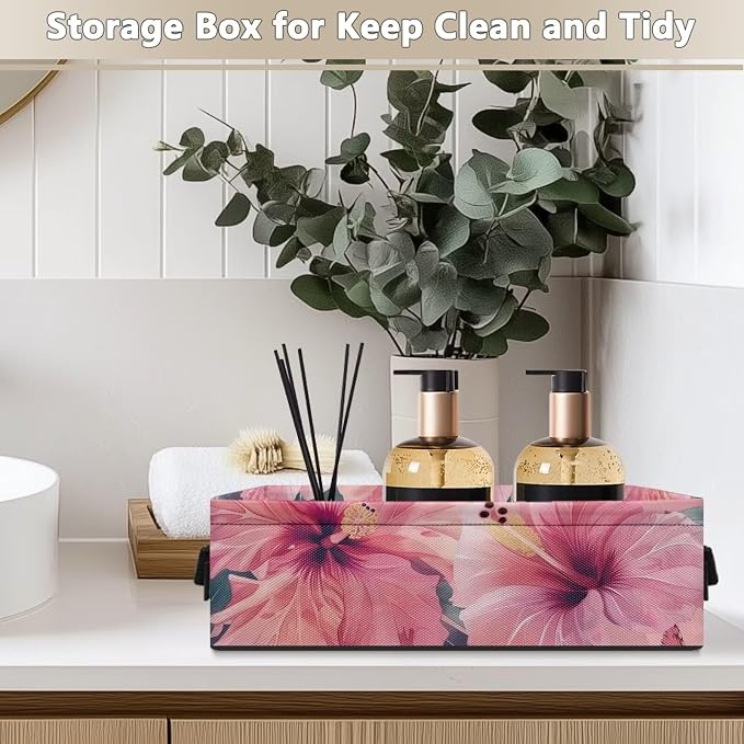 Pink Flowers Toilet Paper Basket for Back of Toilet Tank Top, Decorative Bathroom Storage Basket for Countertop Toilet Tank Topper Baskets Easy to Clean