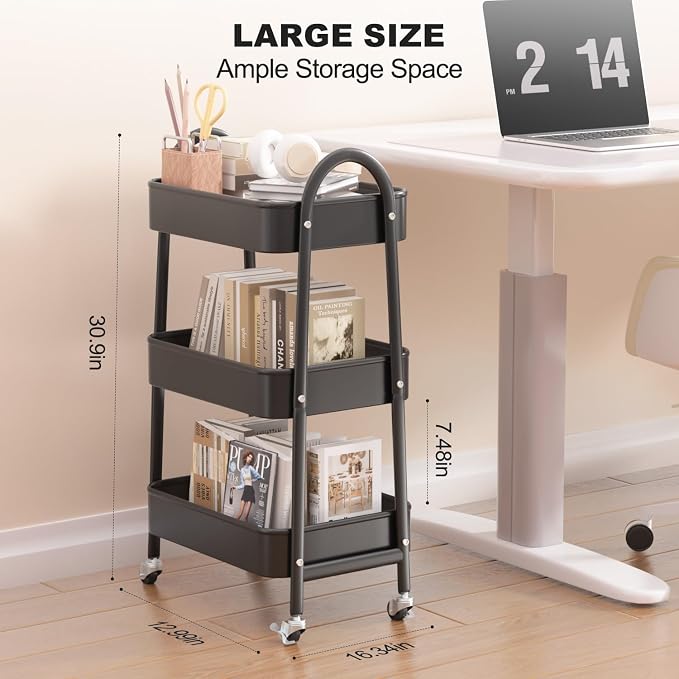 3 Tier Rolling Cart, Large Metal Storage Cart with Handle and Lockable Wheels, Big Multifunctional Storage Organizer Trolley with Mesh Baskets for Kitchen, Living Room, Office, Garage (Black)
