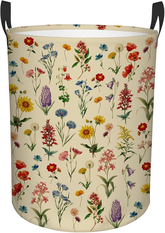 Flower Laundry Hamper, Waterproof Laundry Basket for Bedroom, 43L Round Collapsible Nursery Hamper Storage Bin with Handles for Toys, Storage Basket for Boy Girls, Room Decor, 13.8x17.7 in