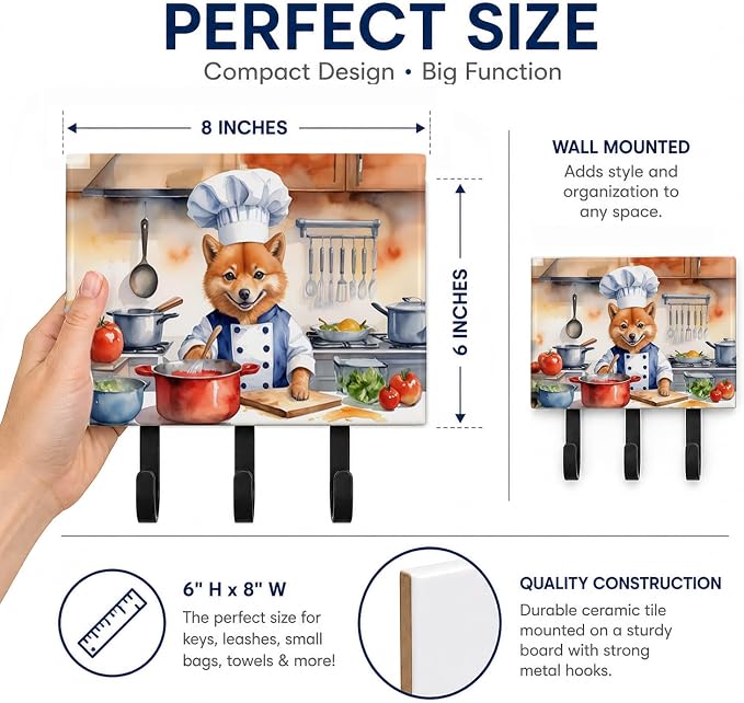 Caroline's Treasures Finnish Spitz The Chef Leash or Key Holder Wall Hooks, Key Hooks Holder, Coat Rack Wall Mount, Coat Hooks, Hooks for Hanging Keys, Towels, Aprons, Leashes | Finnish Spitz The Chef artwork on ceramic tile with three steel hooks for ...