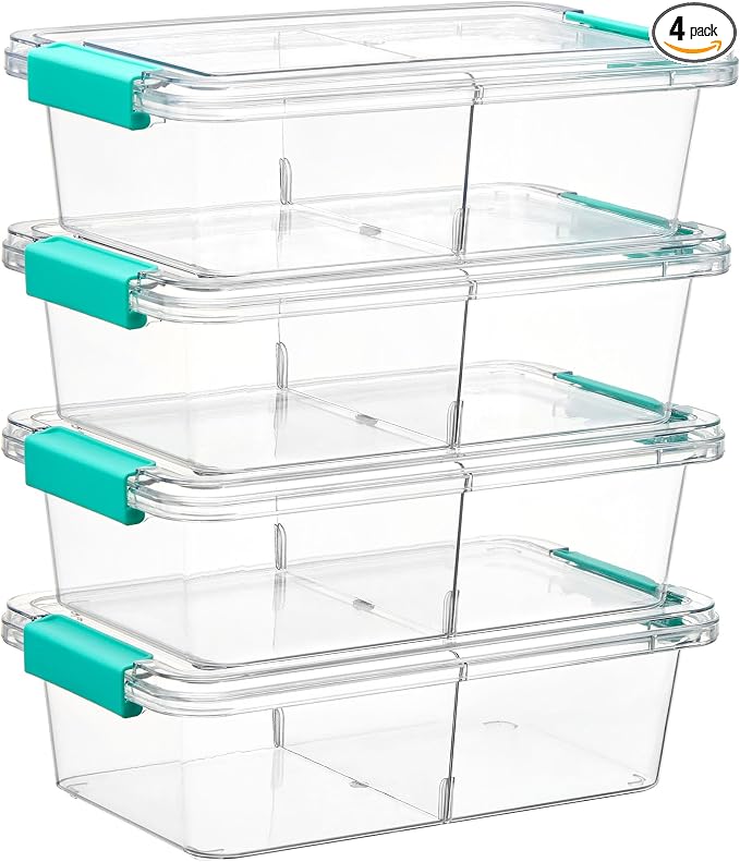 Vtopmart 4 Pack 1.5Qt Clear Pencil Box, Plastic Pencil Holder with Removable Divider for Pen Organizer, Small Stackable Containers with Lid for Pen, Art Craft, Sticker, Scrapbook & Office Supplies