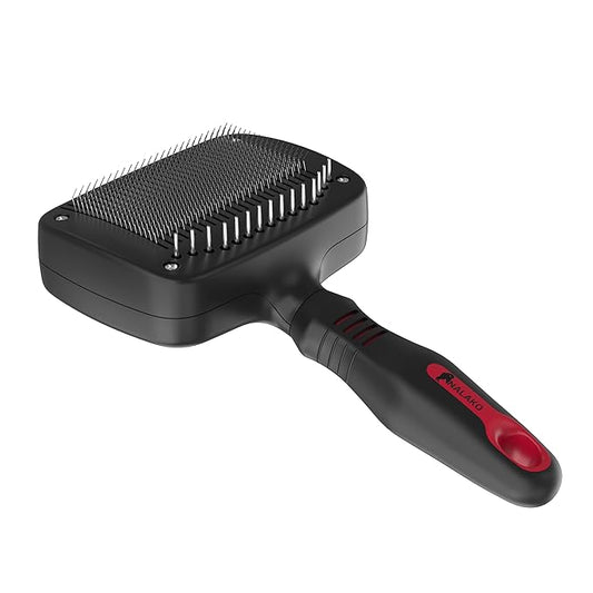 Self Cleaning Dog Brush – 2 in 1 Slicker & Undercoat Rake for Medium to Long Fur – Dual Action Pet Hair Removal & De-Shedding Comb with Comfort Grip – Black/Red