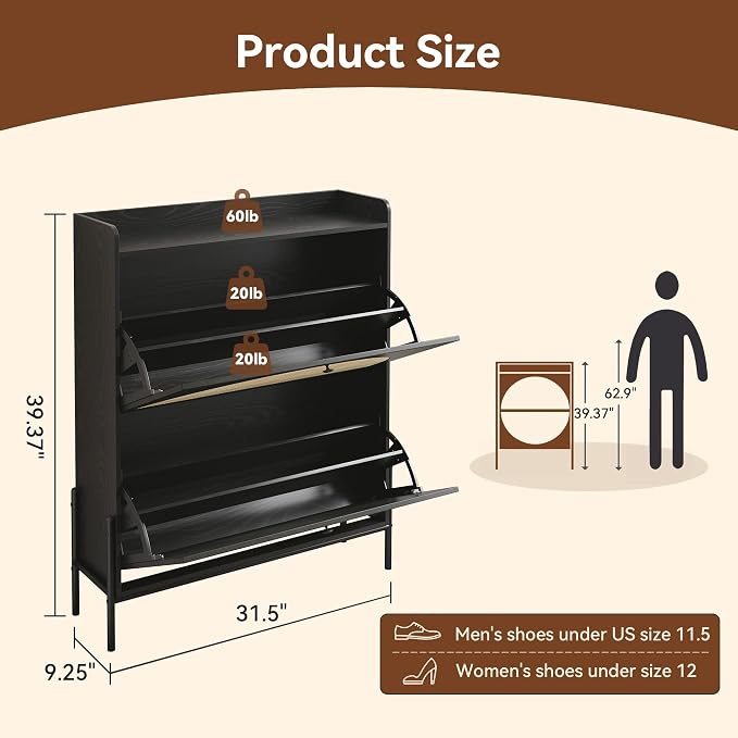 Rattan Shoe Cabinet Storage,Narrow Shoe Rack for Entryway with 2 Flip Drawers, Freestanding Wooden Shoe Organizer Cabinet with Metal Legs for Hallway