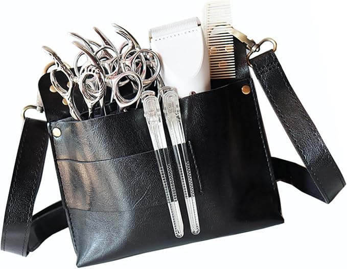 Jiawu Retro Barber Scissors Bag, Hairstylist Waist Bag with 7 Slots PU Leather Tool for Scissor Hair Clips Combs Clippers Spray Bottle Adjustable Strap Crossbody (Black)
