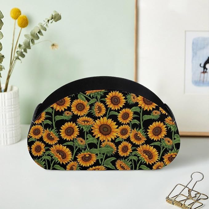 Leather Remote Control Holder Giant Sunflower Black Office Desk Organizer | with 5 Compartments, Giant Sunflower Black Caddy Storage Box for TV Remotes, Media Controllers, Makeup Brush