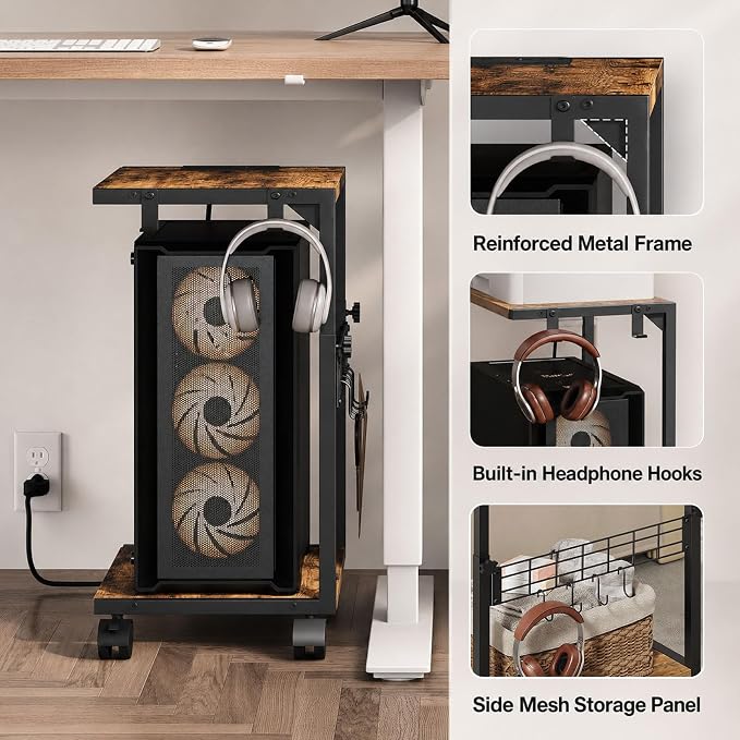 PC Stand with Charging Station, Height Adjustable Computer Tower Stand, 19.7"-31.5" H, Computer Cart with Wheels and Hooks, CPU Holder for Floor, Carpet and Under Desk, Rustic Brown