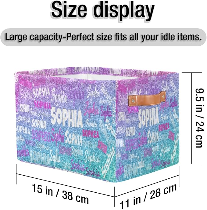 Personalized Name Storage Basket, Gradient Purple Blue Glitters Print | Organizing Boys Girls Pets Toys Closet Shelf Clothes Books