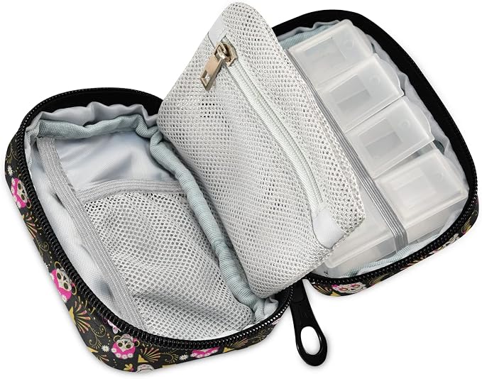 Paisley Flower Sugar Skull Pill Box 7 Day Pill Case Travel Pill Organizer Bag with Zipper Portable Weekly Case Compact Size for Vitamin Supplement Holder