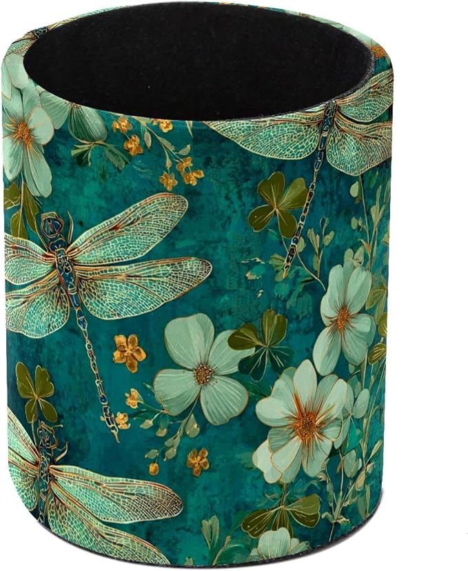 Faux Leather Pen Holder for Desk, Pencil Organizer Dragonfly Pen Cup Desk Decor Makeup Brush Holder Storage for Office Home