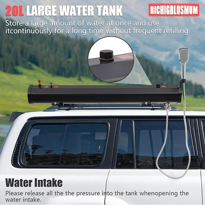 4.8-7.9Gal Portable Roof Rack Water Tank – Sun-Powered Pressurized Shower for Overlanding, Pet Washing, Gear Cleaning & Vehicle Water Storage – Includes 5.58ft Hose & Carry Bag,5.3Gal/20L