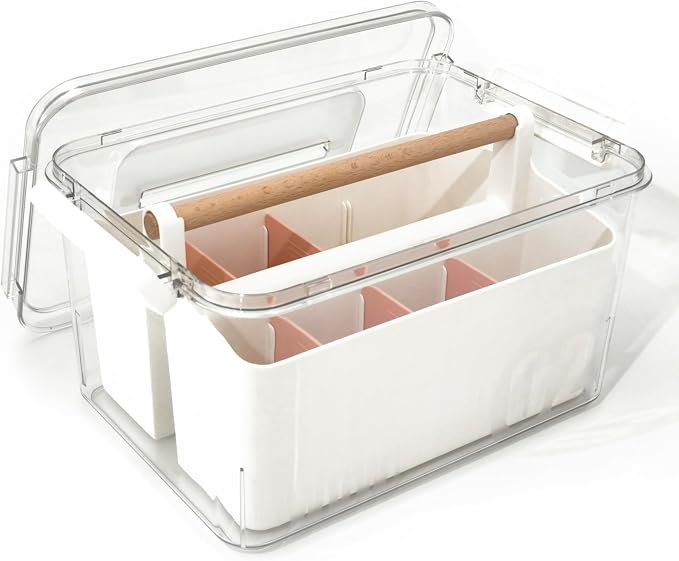 Craft Caddy with Lid and Lift-Out Portable Caddy, Pink | Art Supply Storage, Adjustable Dividers, Clear Storage Organizer, Teacher Supplies, Markers & Brushes, Stackable 11x8x7 in