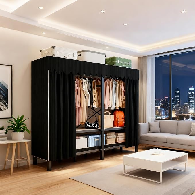 66.1in Heavy Duty Portable Closet, Foldable Wardrobe Closet with Cover, Metal Clothing Shelves for Clothes Organizers and Storage, for Bedrooms, Apartments, Rental Properties (Black, 66.1in)
