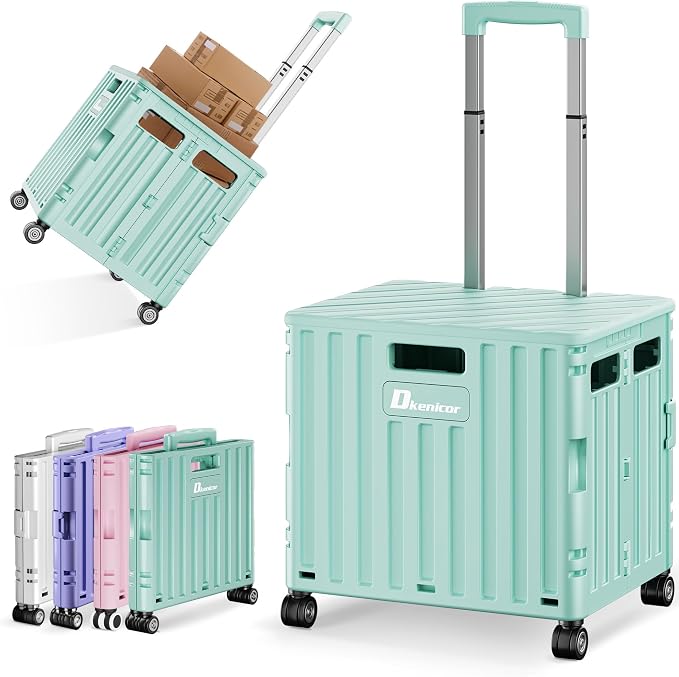 Folding Utility Cart with Lid, Portable Rolling Crate Handcart Collapsible Shopping Trolley, Durable Plastic Foldable Tool Basket with 4 Rotate Wheels for Grocery, Office, Luggage, School - Cyan