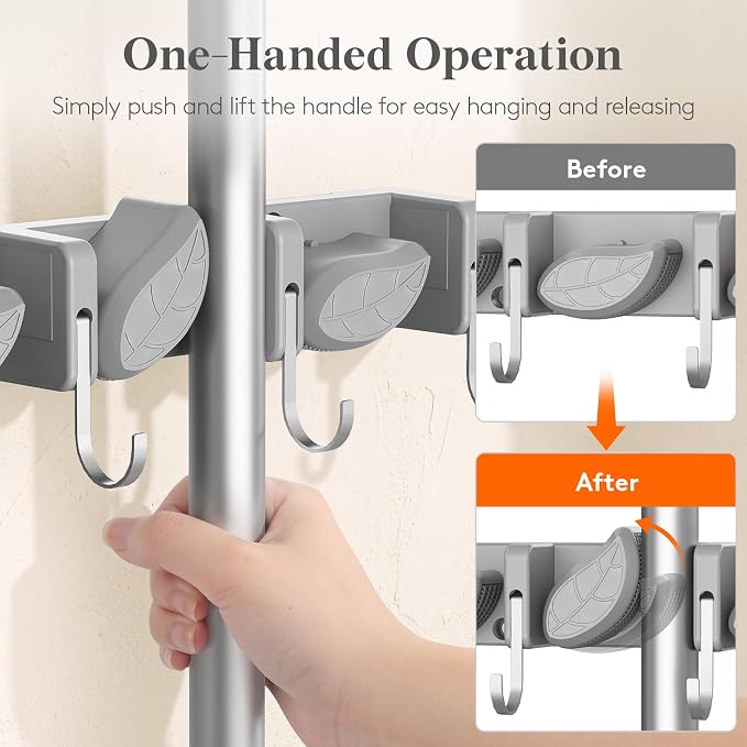 Lifewit Mop and Broom Holder Organizer Wall Mount Non-Slip, 1 Pack, Gray | Easy Install One Handed Push Cleaning Tool Hanger with 6 Hooks 5 Slots, Heavy Duty Hanging Utility Rack for Garden, Garage