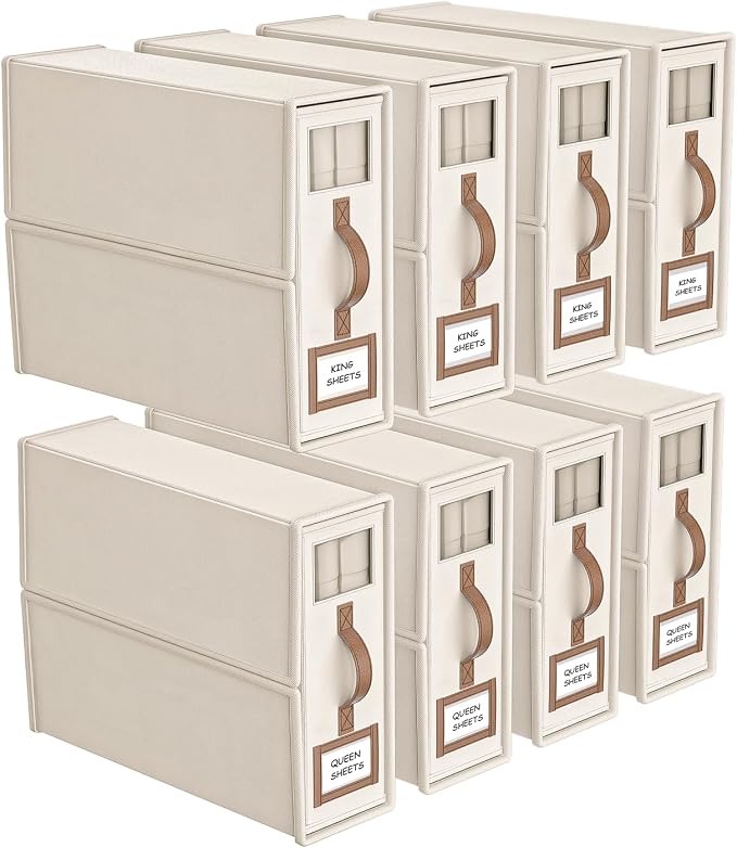 8 Pack Foldable Bed Sheets Set Organizers and Storage(King & Queen Size),Linen Fabric Closet Organizers with Window,Folding Bedding Storage Box for Bedsheets and Pillow Cube Organizer-Beige