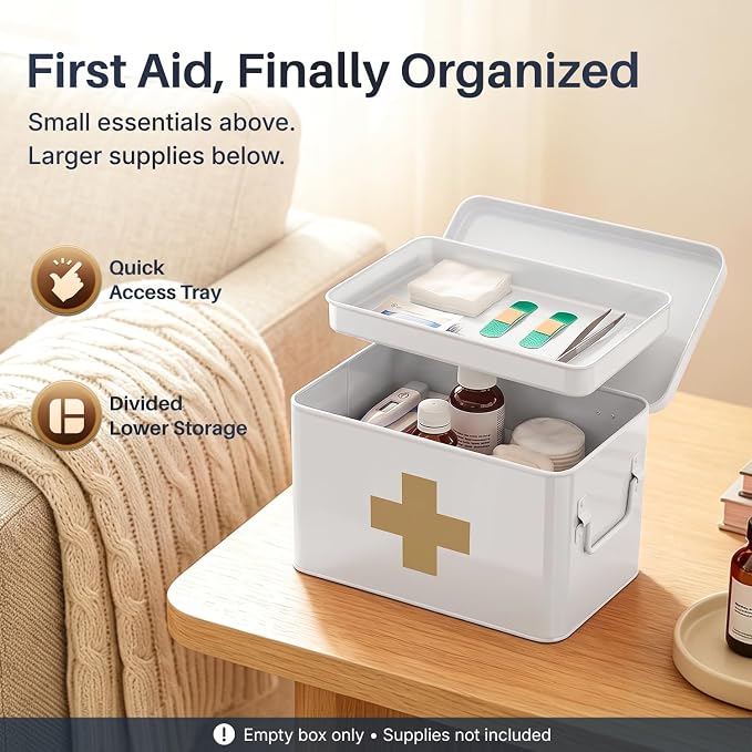 Flexzion Large Metal First Aid Box Empty, 8.5-Inch, White with Gold Cross | Vintage Medicine Box and First Aid Storage Organizer with Removable Tray and Dividers; Empty Box Only, Supplies Not Included