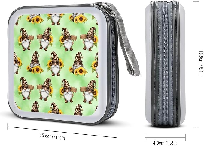 Protective DVD Case Holder Sunflower Gnomes, 40-Capacity Hard Plastic Binder with Zipper, Portable CD Organizer for Car Home
