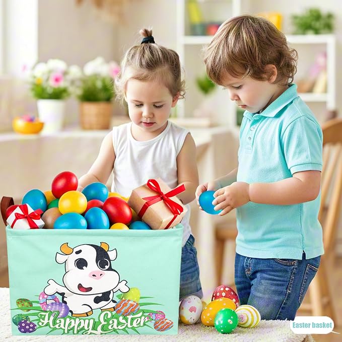 Cow Easter Basket for Kid Large Empty Baby Rectangular Cute Easter Gift Storage Basket Bunny Eggs Décor (Cow)
