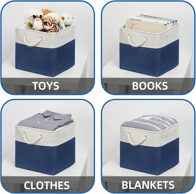 Temary Storage Baskets for Shelves 13x13 Baskets for Gifts Empty, 4 Pack Shelf Baskets Large Storage Baskets Cube Storage Bins Fabric Storage Cubes with Handles for Shelves (White&Blue)